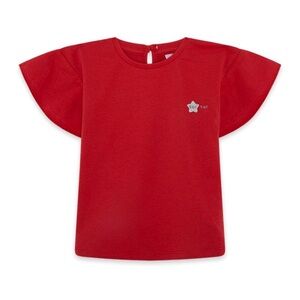 Girls' Red Flutter Sleeve Tee with Star Embroidery